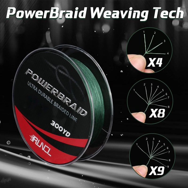 RUNCL PowerBraid Braided Fishing Line, Ultra Durable Braided Line 8 Strands - Seamless Weaving Tech, Enhanced Coating Tech, Round Profile, Zero Stretch (Moss Green, 300Yds, 18LB(8.2kgs)) - Image 2